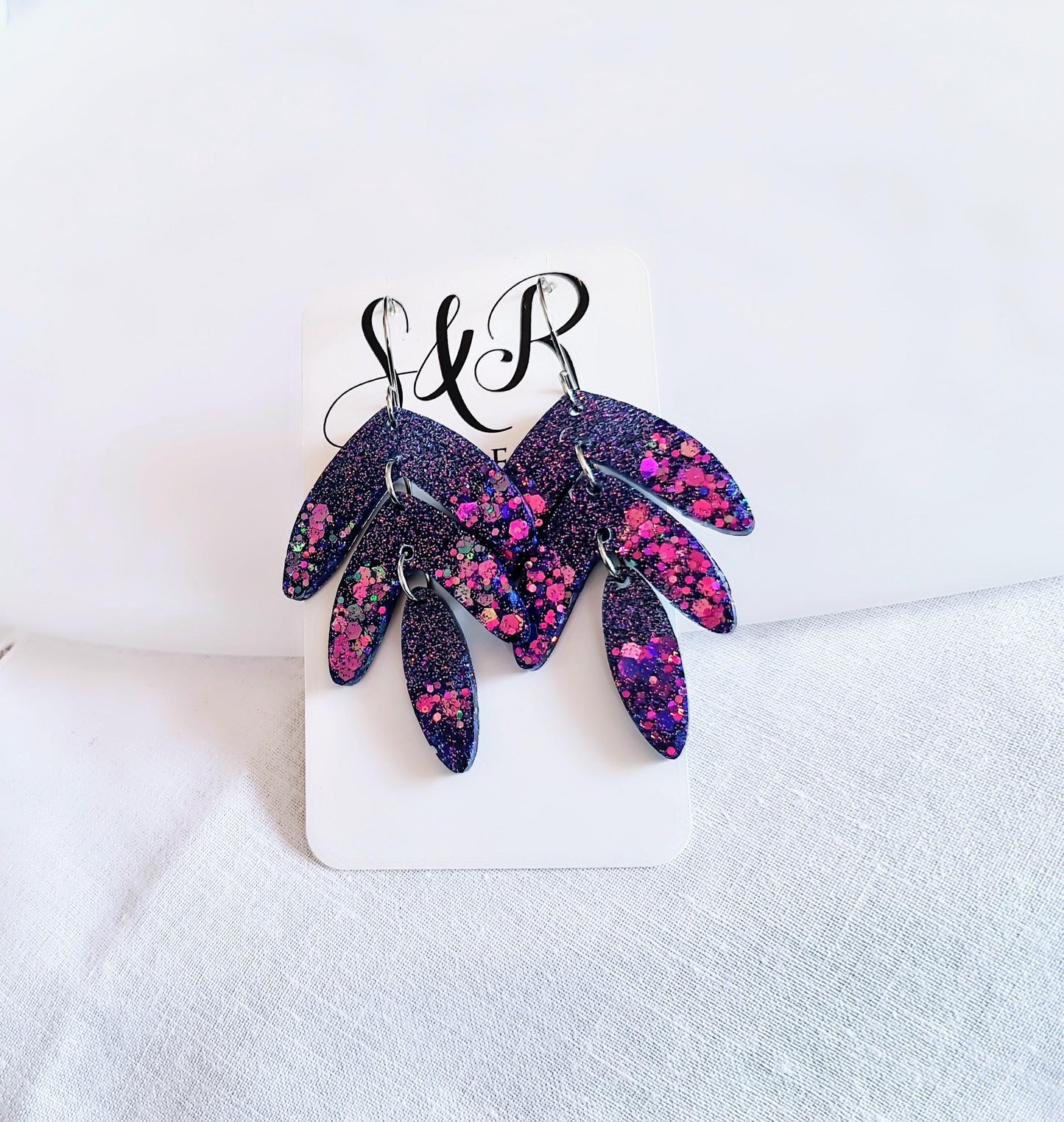 Purple Magic Leaves Long Drop Hook Earrings. Purple Pinks Mix Resin Dangles, Stunning Chandelier Earwire Dangles