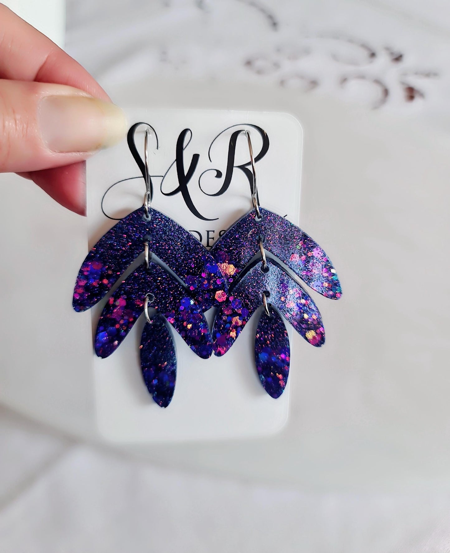 Purple Magic Leaves Long Drop Hook Earrings. Purple Pinks Mix Resin Dangles, Stunning Chandelier Earwire Dangles