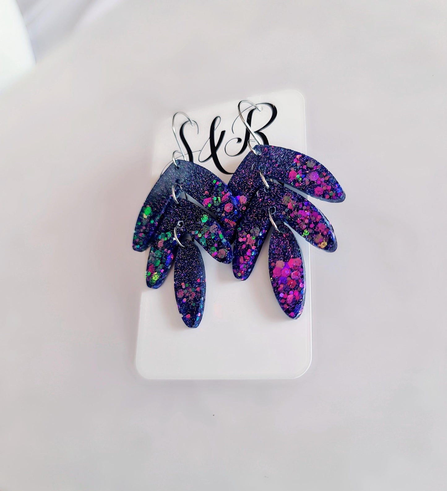 Purple Magic Leaves Long Drop Hook Earrings. Purple Pinks Mix Resin Dangles, Stunning Chandelier Earwire Dangles