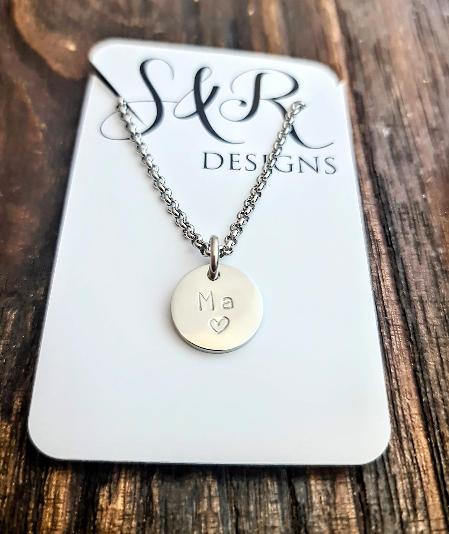 Custom Personalised Hammered Name Necklace, Hammered or Plain Circle Disc Personalized Gift, Hand Stamped, Choose colour. 15mm Shiny Disc