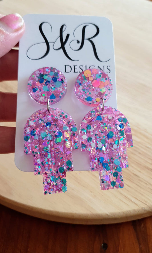 Glitter Resin Earrings, Pink Blue Teal Glitter Dangle Drop Earrings, Statement Handmade Resin Earrings