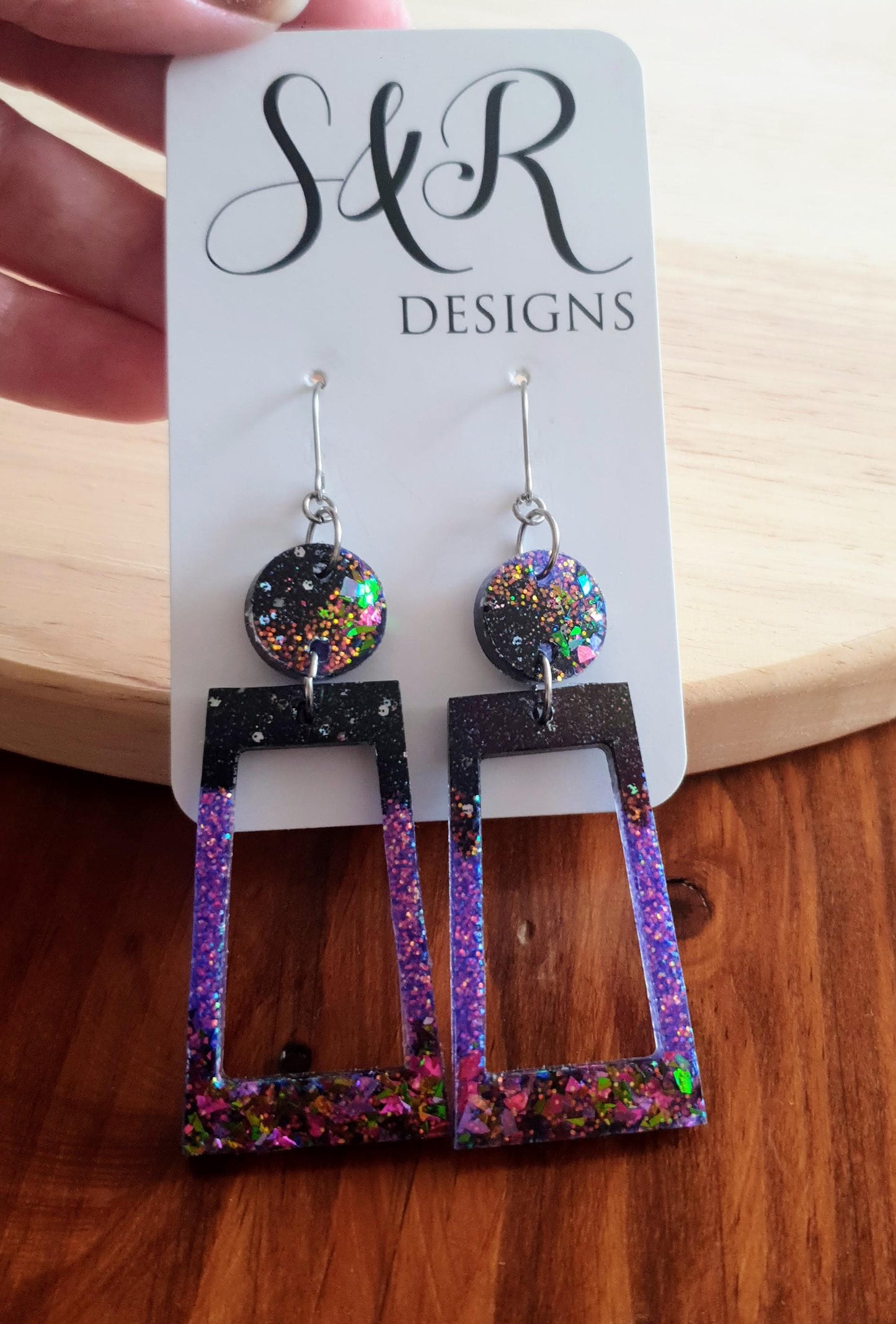 Rectangle Purple Dangle Earrings, Two Tone Glitter Resin Statement Earrings