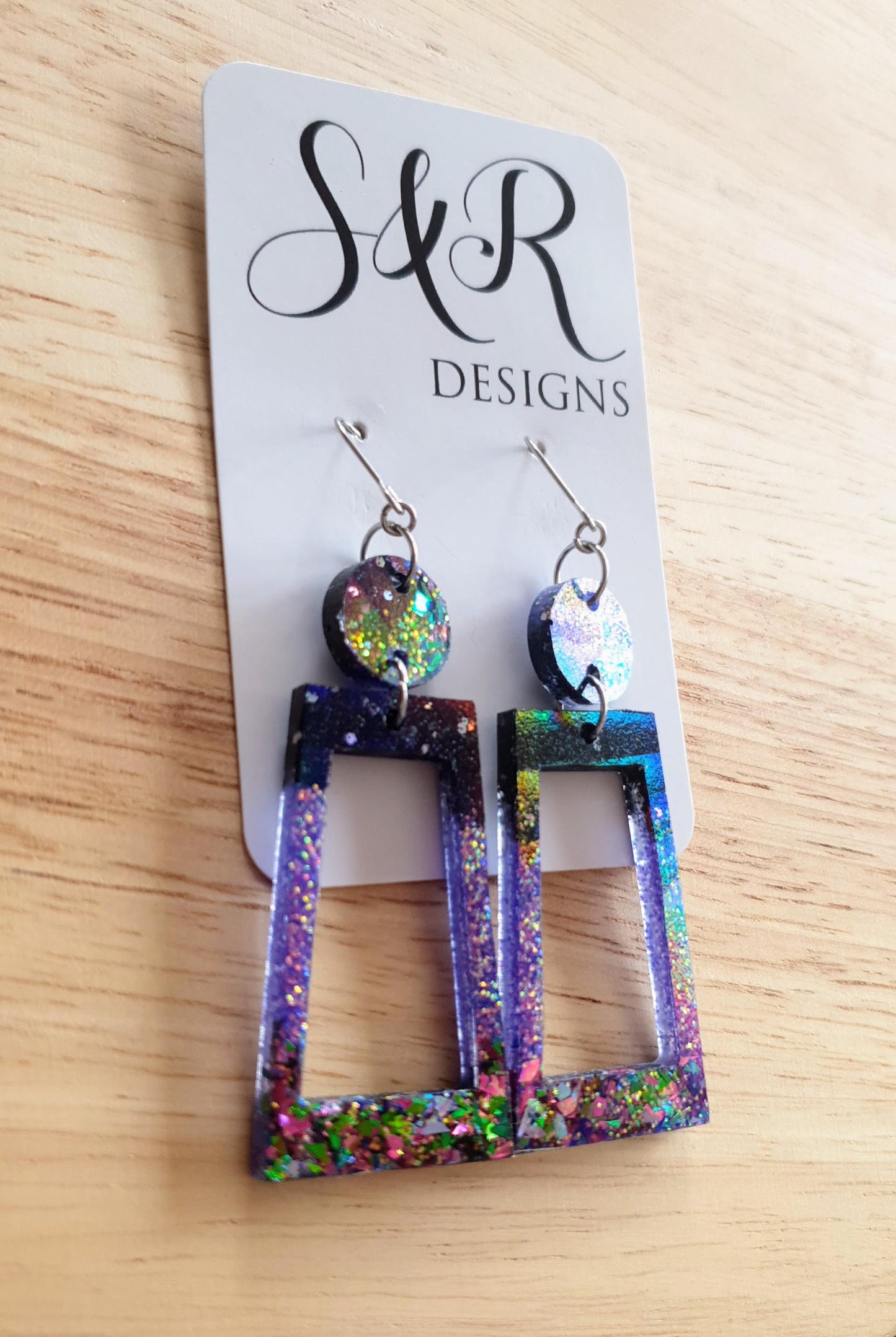 Rectangle Purple Dangle Earrings, Two Tone Glitter Resin Statement Earrings