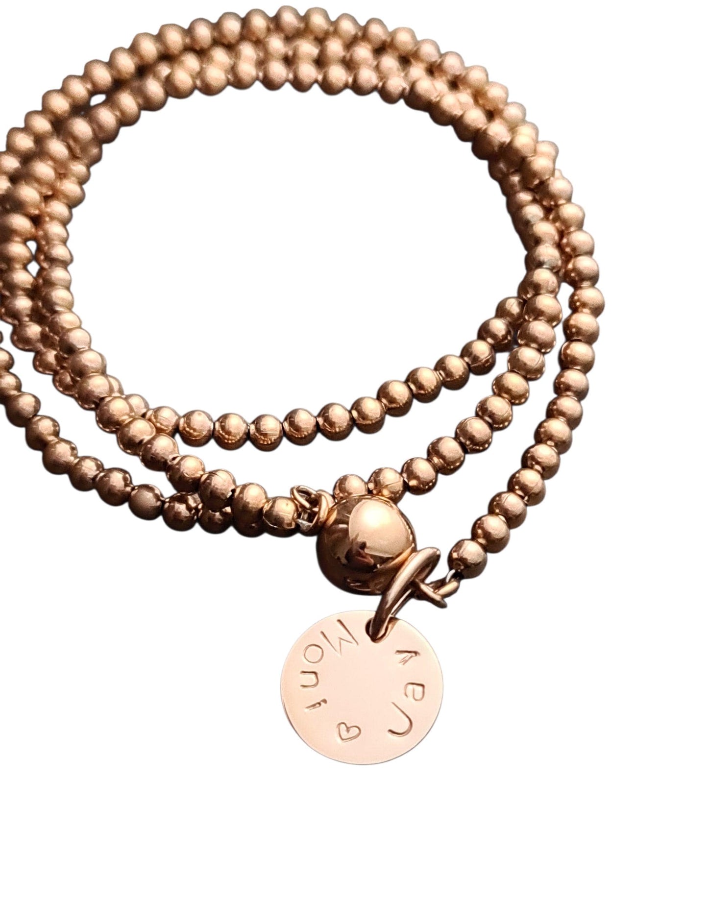 Custom Hand Stamped Wrap Around Bracelet, Stainless Steel Triple wrap ball bracelet with personalized charms. Choose colour.
