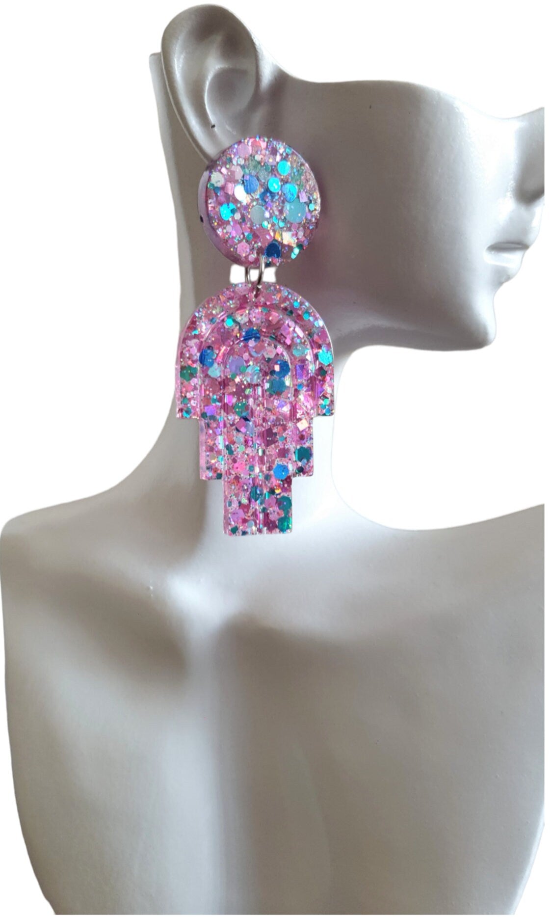 Glitter Resin Earrings, Pink Blue Teal Glitter Dangle Drop Earrings, Statement Handmade Resin Earrings