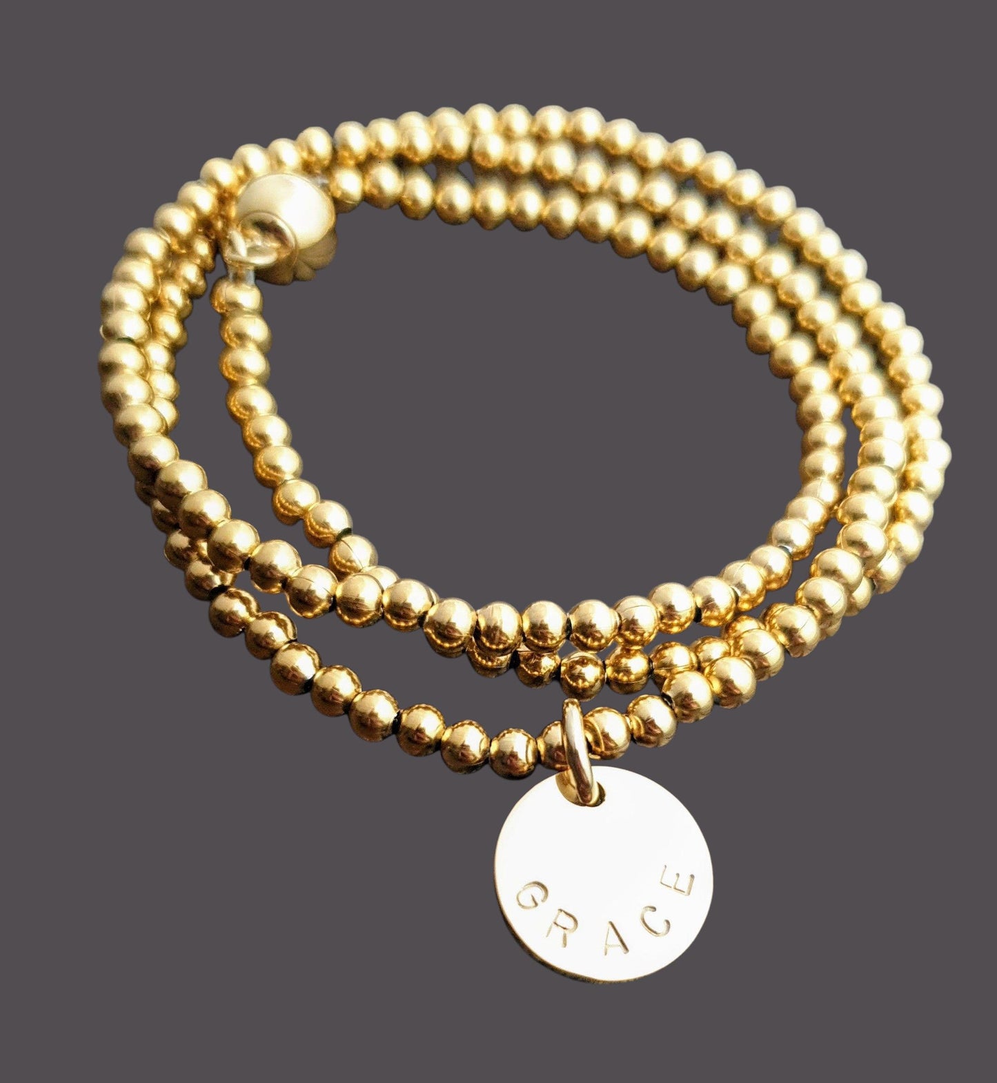 Custom Hand Stamped Wrap Around Bracelet, Stainless Steel Triple wrap ball bracelet with personalized charms. Choose colour.