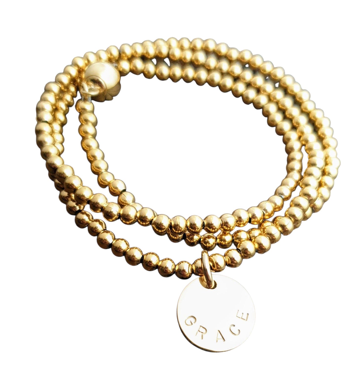 Custom Hand Stamped Wrap Around Bracelet, Stainless Steel Triple wrap ball bracelet with personalized charms. Choose colour.