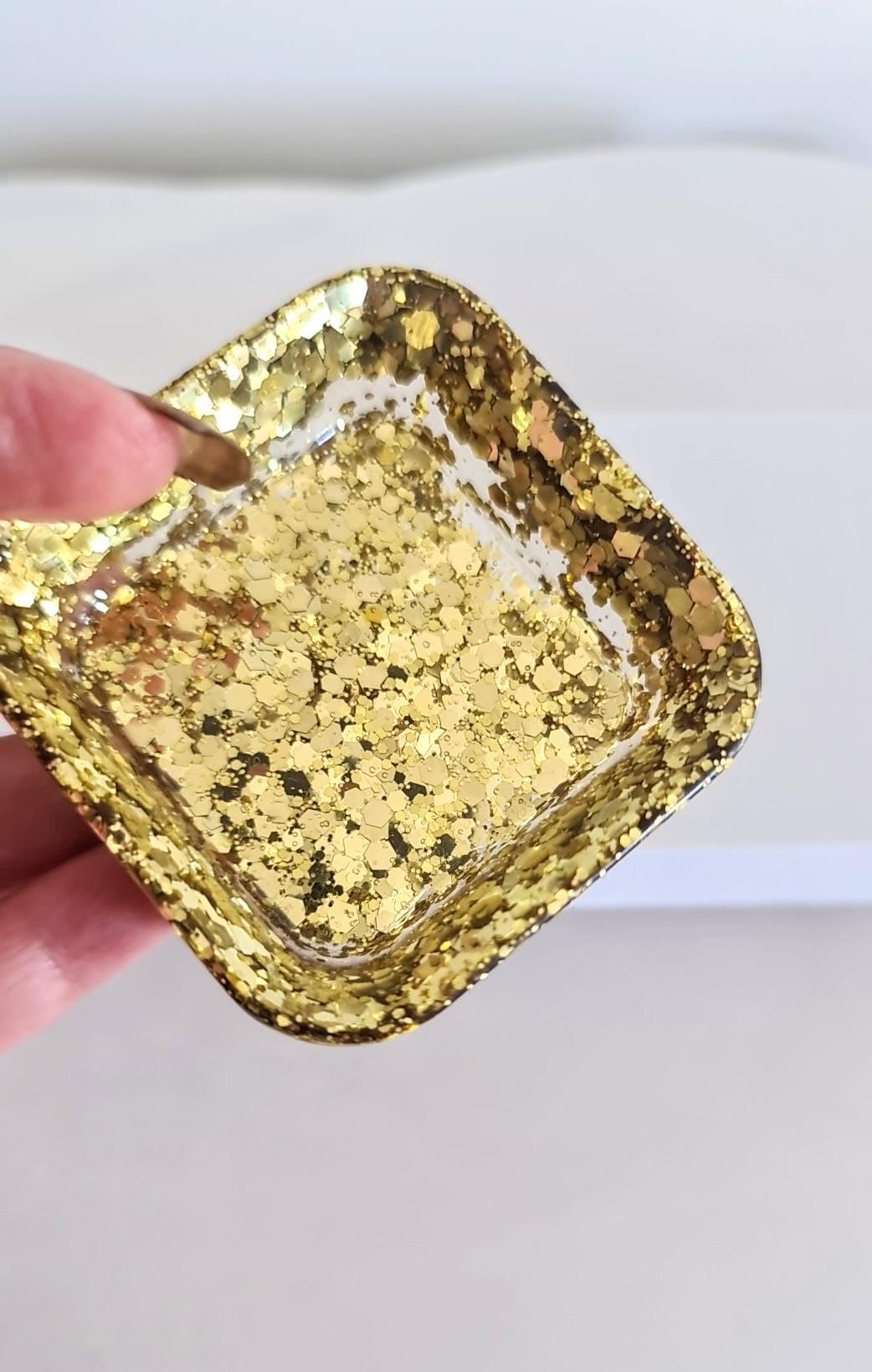 Gold resin square ring trinket dish, chunky glitter hand made resin jewellery dish, home decor