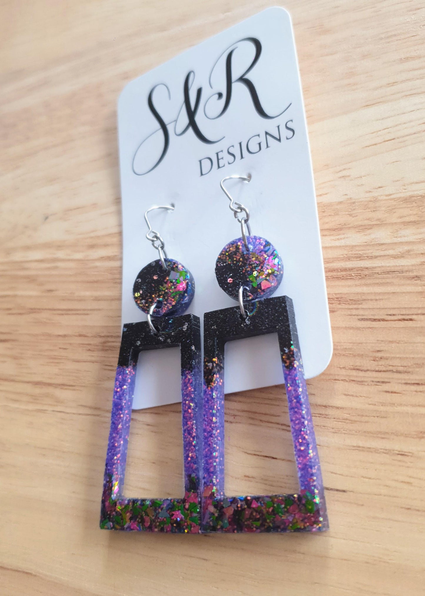 Rectangle Purple Dangle Earrings, Two Tone Glitter Resin Statement Earrings