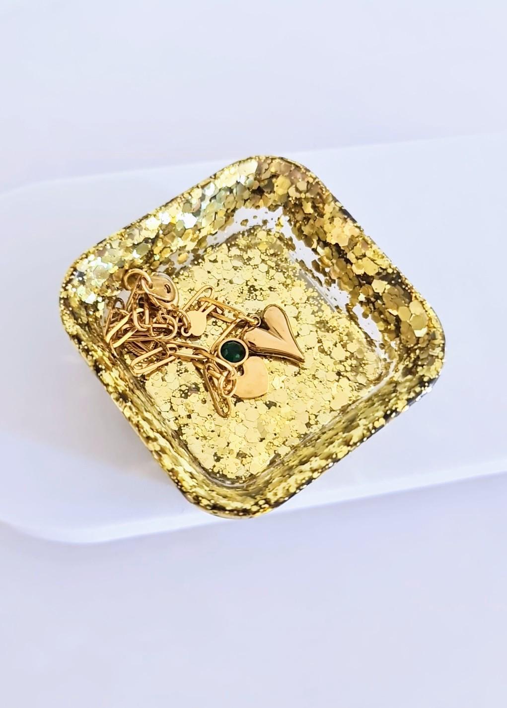 Gold resin square ring trinket dish, chunky glitter hand made resin jewellery dish, home decor