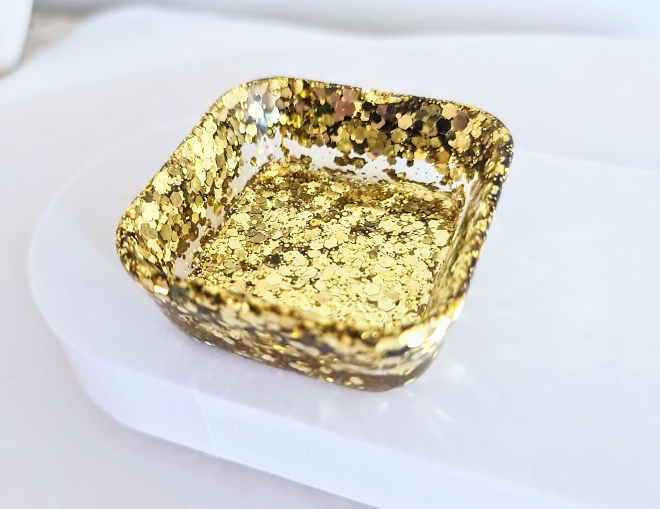 Gold resin square ring trinket dish, chunky glitter hand made resin jewellery dish, home decor