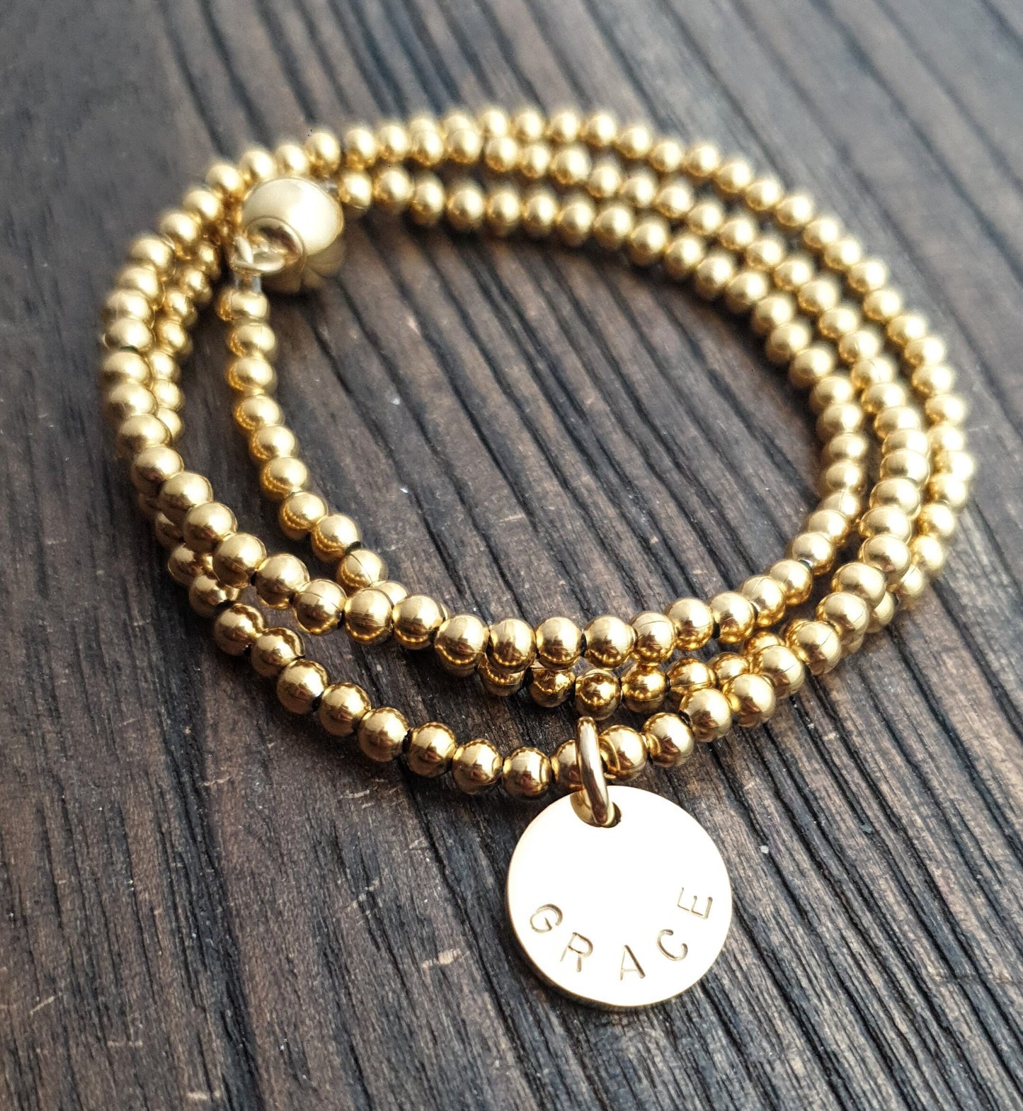 Custom Hand Stamped Wrap Around Bracelet, Stainless Steel Triple wrap ball bracelet with personalized charms. Choose colour.