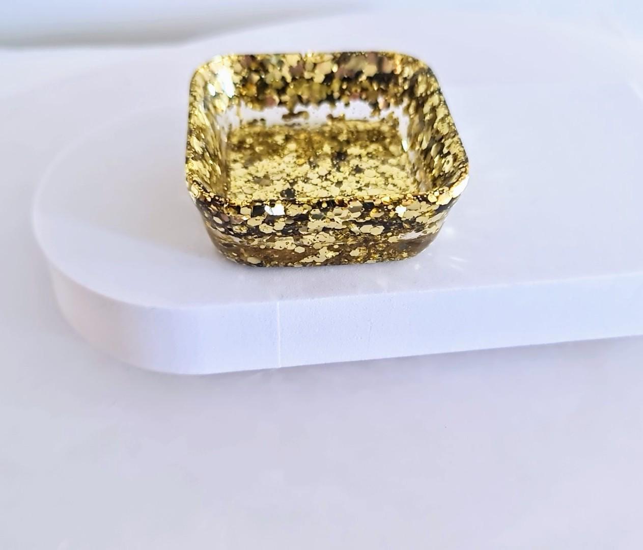Gold resin square ring trinket dish, chunky glitter hand made resin jewellery dish, home decor