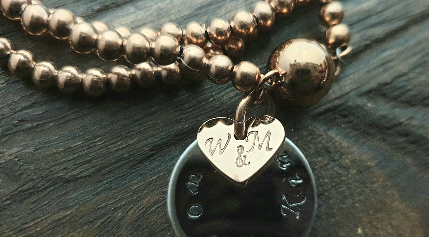 Custom Hand Stamped Wrap Around Bracelet, Stainless Steel Triple wrap ball bracelet with personalized charms. Choose colour.