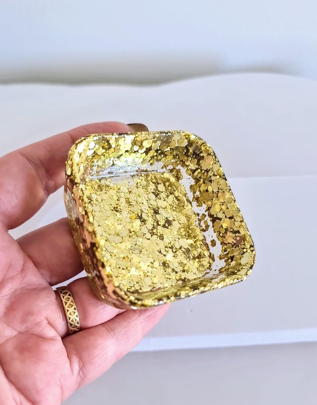 Gold resin square ring trinket dish, chunky glitter hand made resin jewellery dish, home decor