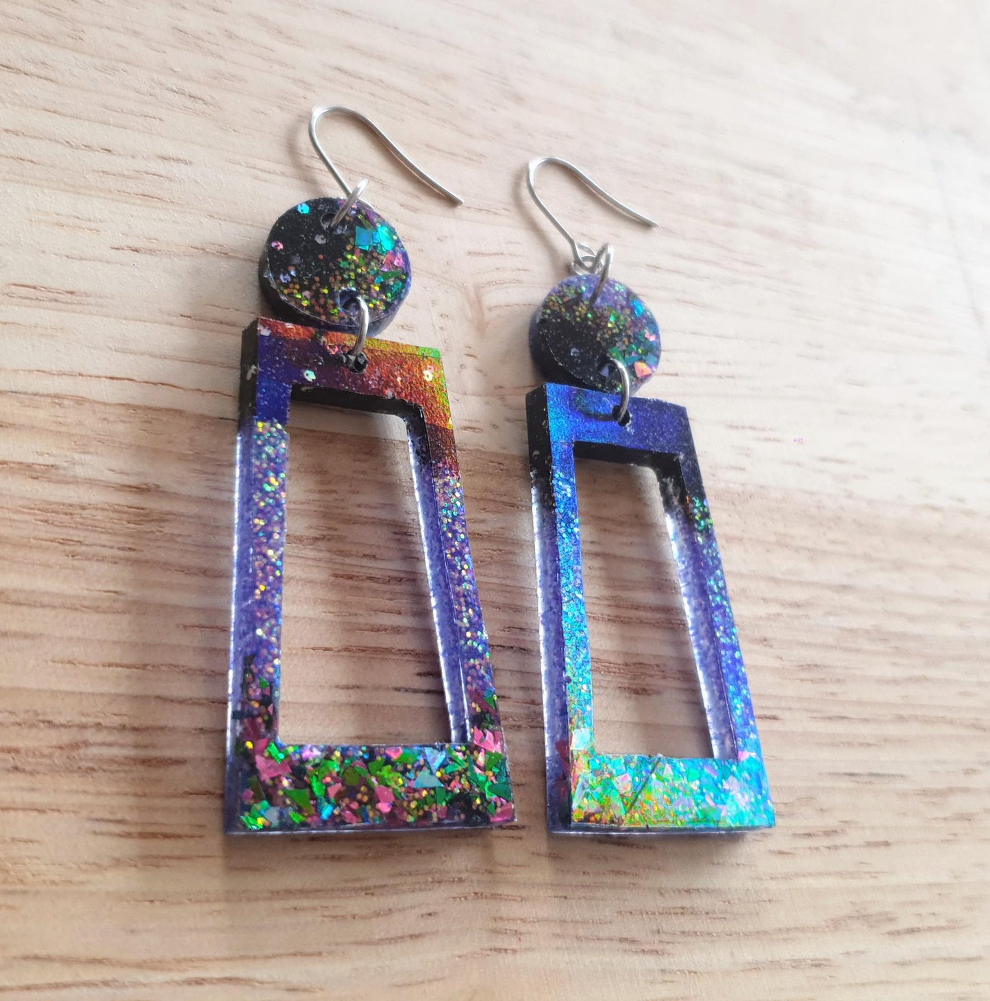 Rectangle Purple Dangle Earrings, Two Tone Glitter Resin Statement Earrings