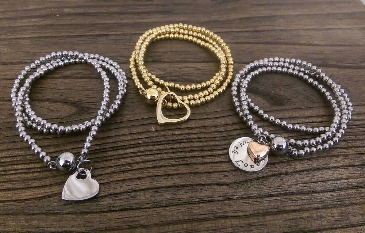 Custom Hand Stamped Wrap Around Bracelet, Stainless Steel Triple wrap ball bracelet with personalized charms. Choose colour.