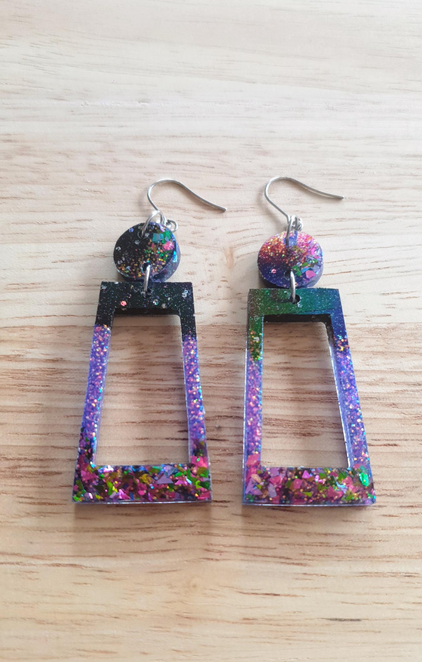 Rectangle Purple Dangle Earrings, Two Tone Glitter Resin Statement Earrings