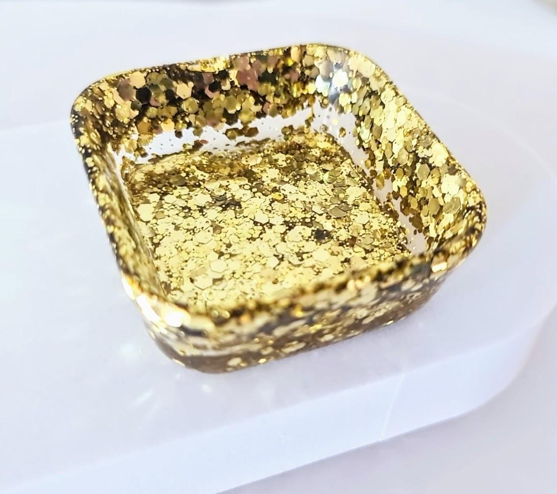 Gold resin square ring trinket dish, chunky glitter hand made resin jewellery dish, home decor