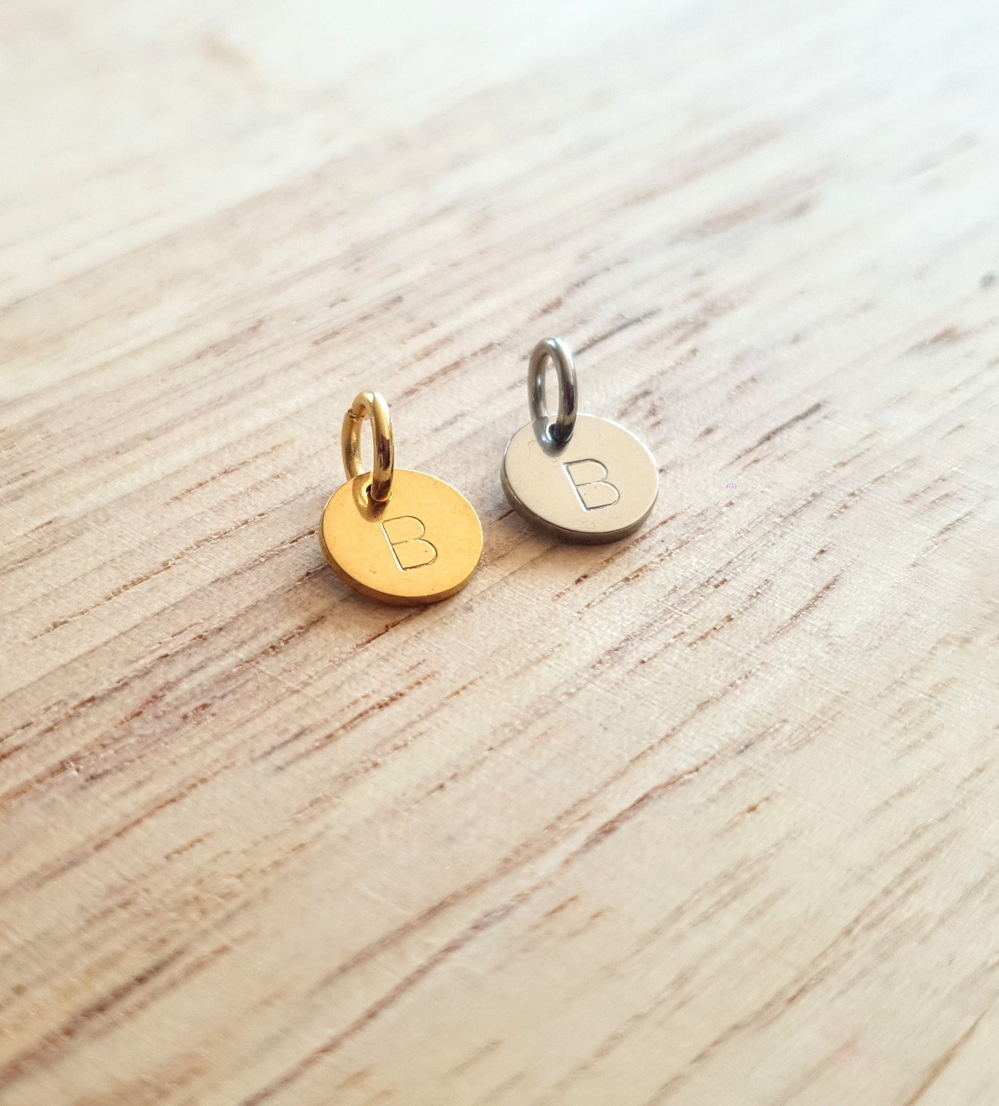 Personalised 8mm Disc Charm, Circle Disc Coin Style with Jump Ring Only in Gold or Silver Stainless Steel. Add to Bracelet or Chain