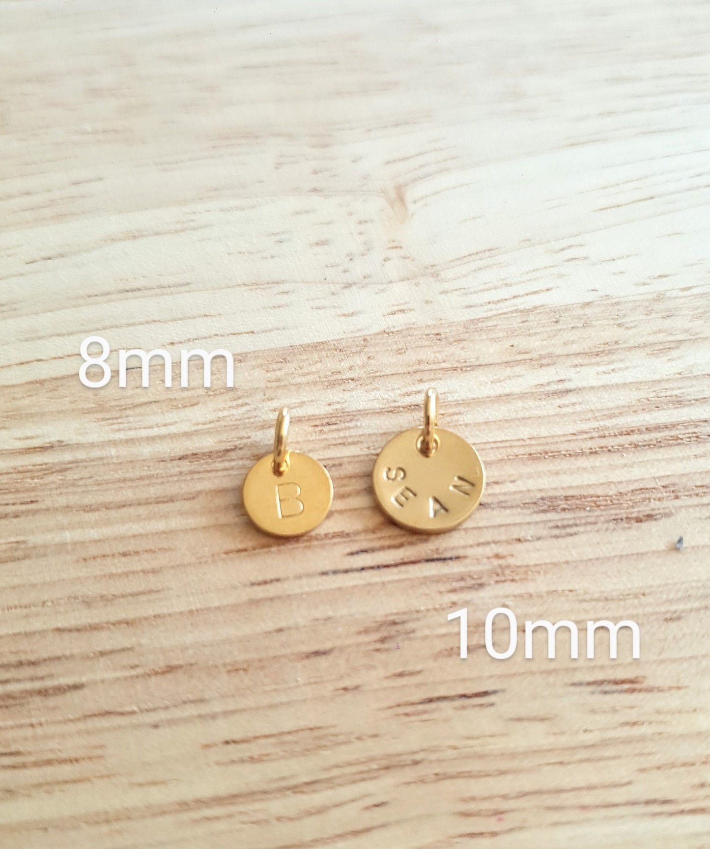 Personalised 8mm Disc Charm, Circle Disc Coin Style with Jump Ring Only in Gold or Silver Stainless Steel. Add to Bracelet or Chain