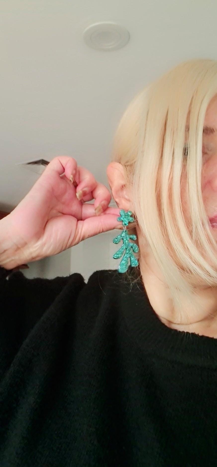 Turquoise Flower Leaves Dangle Drop Earrings, Turquoise Holographic Glitter Resin Dangles, Statement Earrings Stainless Steel