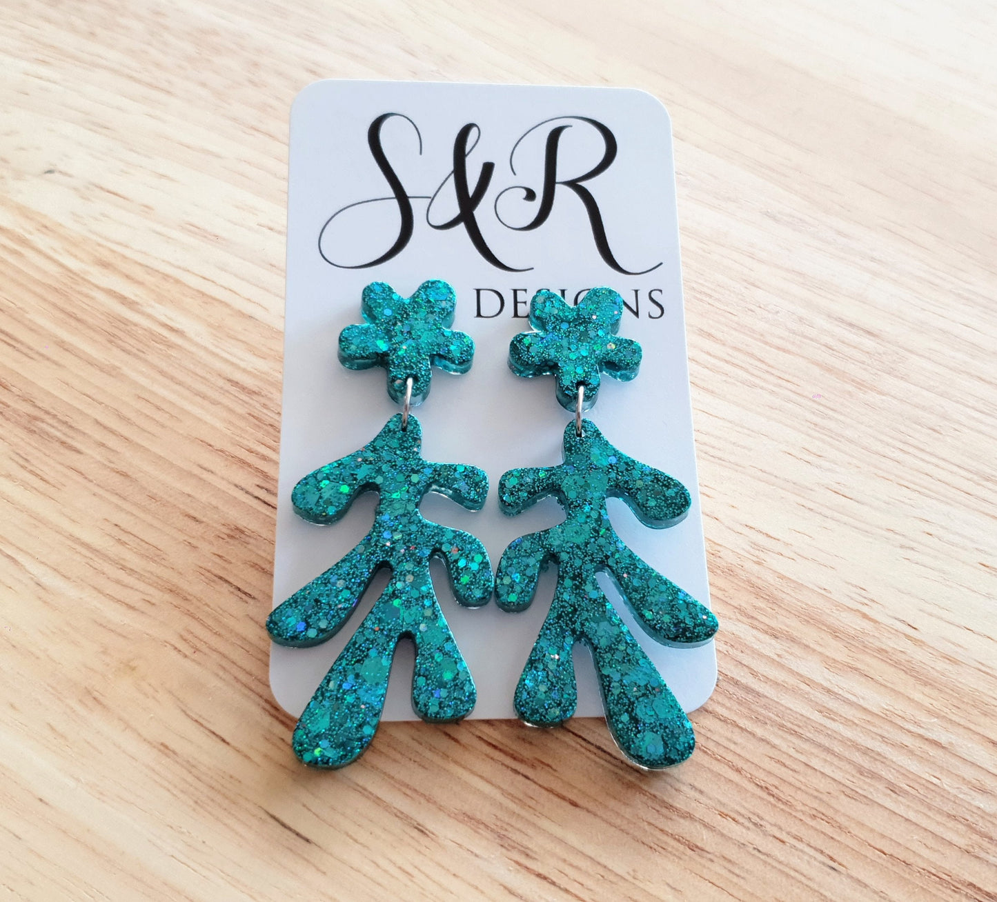 Turquoise Flower Leaves Dangle Drop Earrings, Turquoise Holographic Glitter Resin Dangles, Statement Earrings Stainless Steel