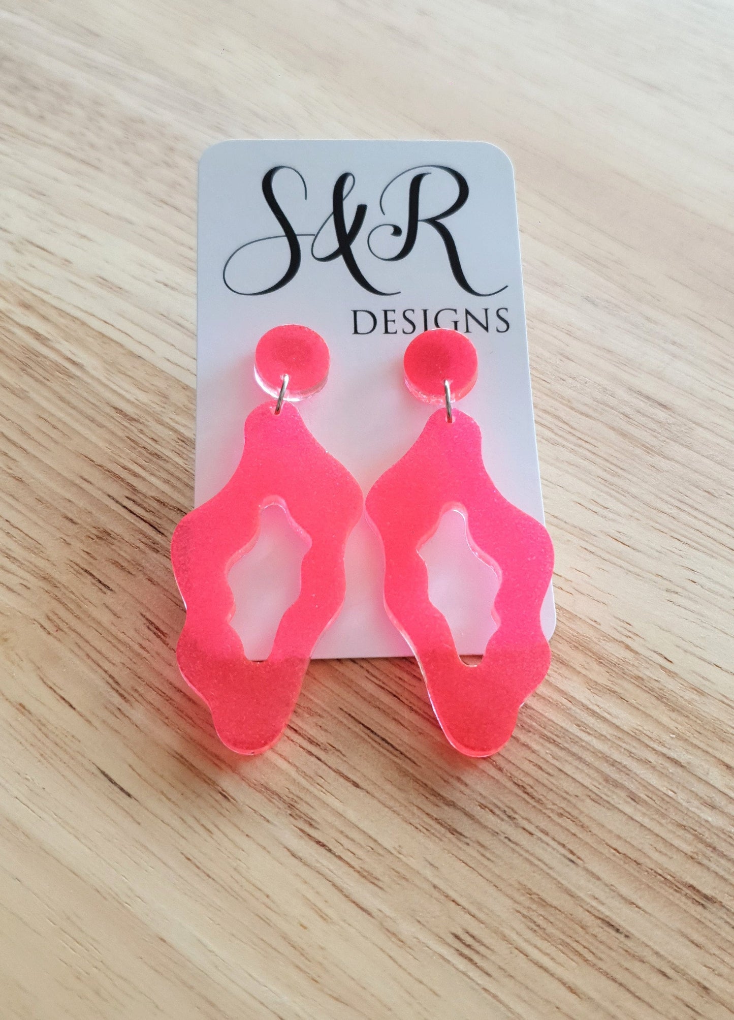 Pink Wavy Liquid Shape Dangle Drop Earrings, Pink Fine Glitter, Wave Statement Handmade Resin Earrings