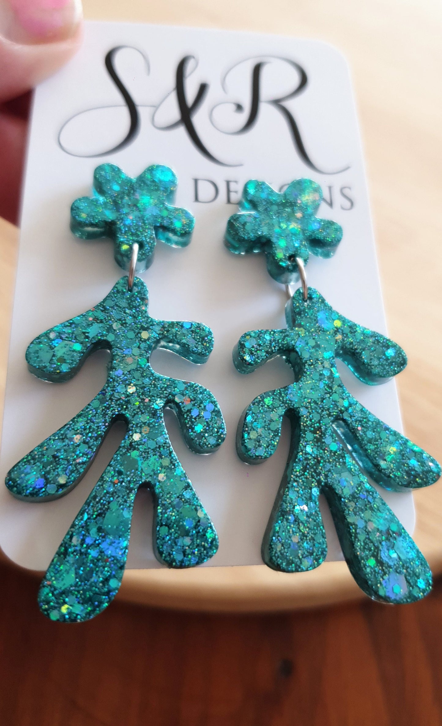 Turquoise Flower Leaves Dangle Drop Earrings, Turquoise Holographic Glitter Resin Dangles, Statement Earrings Stainless Steel