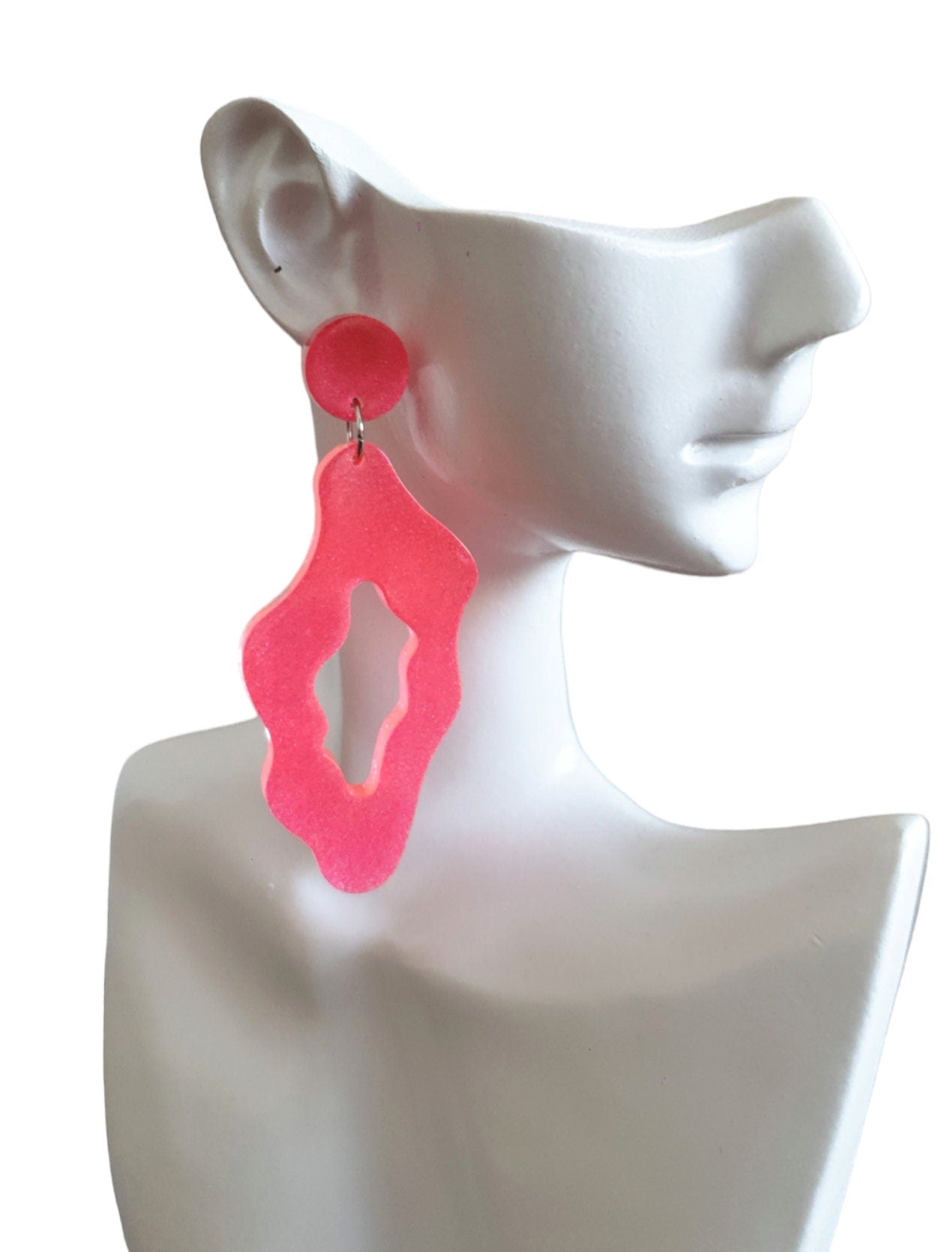 Pink Wavy Liquid Shape Dangle Drop Earrings, Pink Fine Glitter, Wave Statement Handmade Resin Earrings