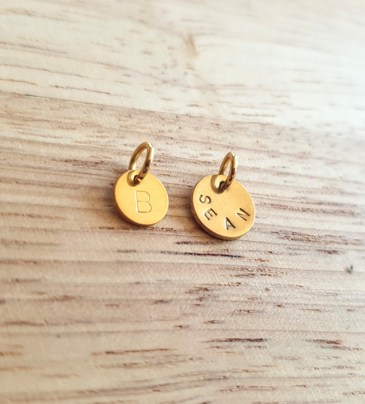 Personalised 8mm Disc Charm, Circle Disc Coin Style with Jump Ring Only in Gold or Silver Stainless Steel. Add to Bracelet or Chain