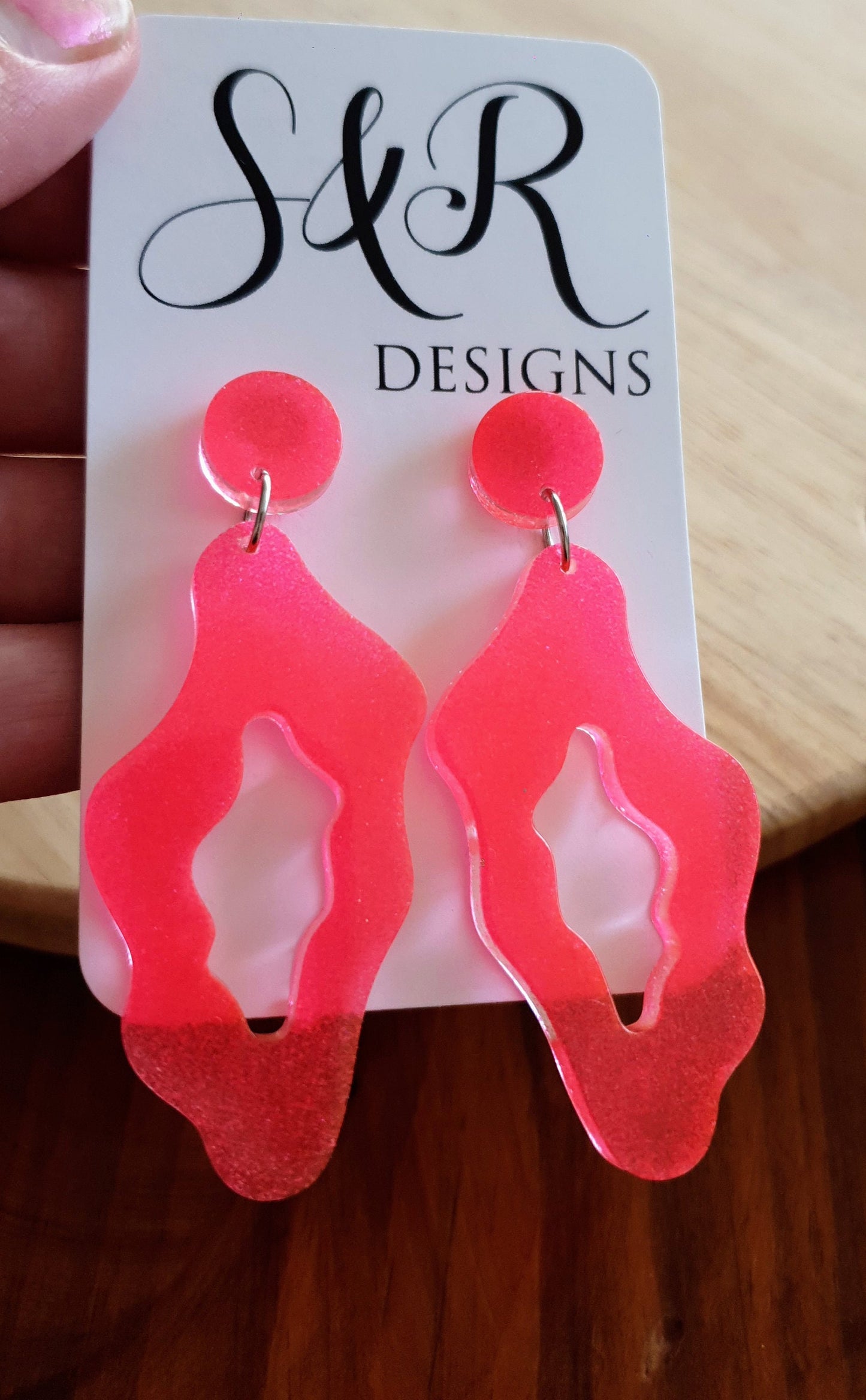 Pink Wavy Liquid Shape Dangle Drop Earrings, Pink Fine Glitter, Wave Statement Handmade Resin Earrings