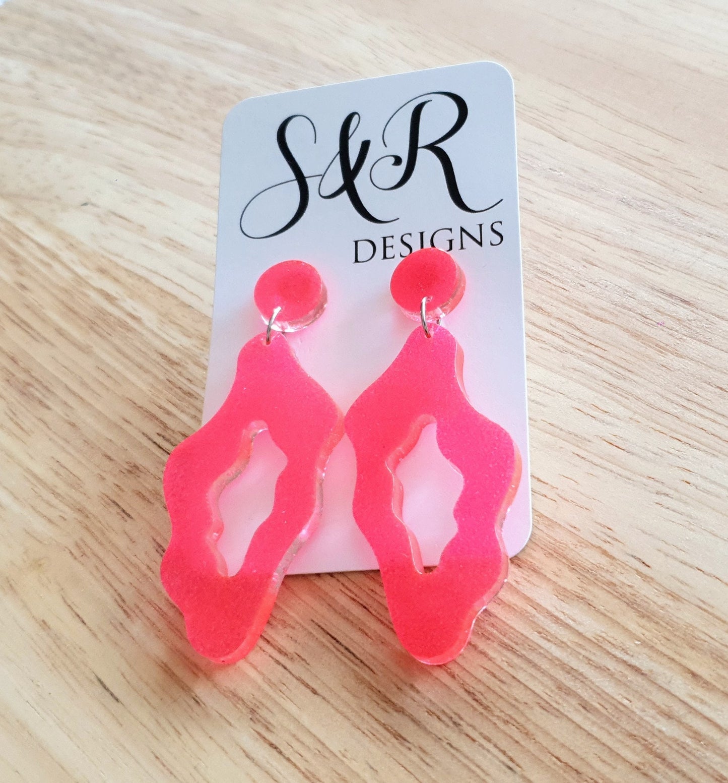 Pink Wavy Liquid Shape Dangle Drop Earrings, Pink Fine Glitter, Wave Statement Handmade Resin Earrings