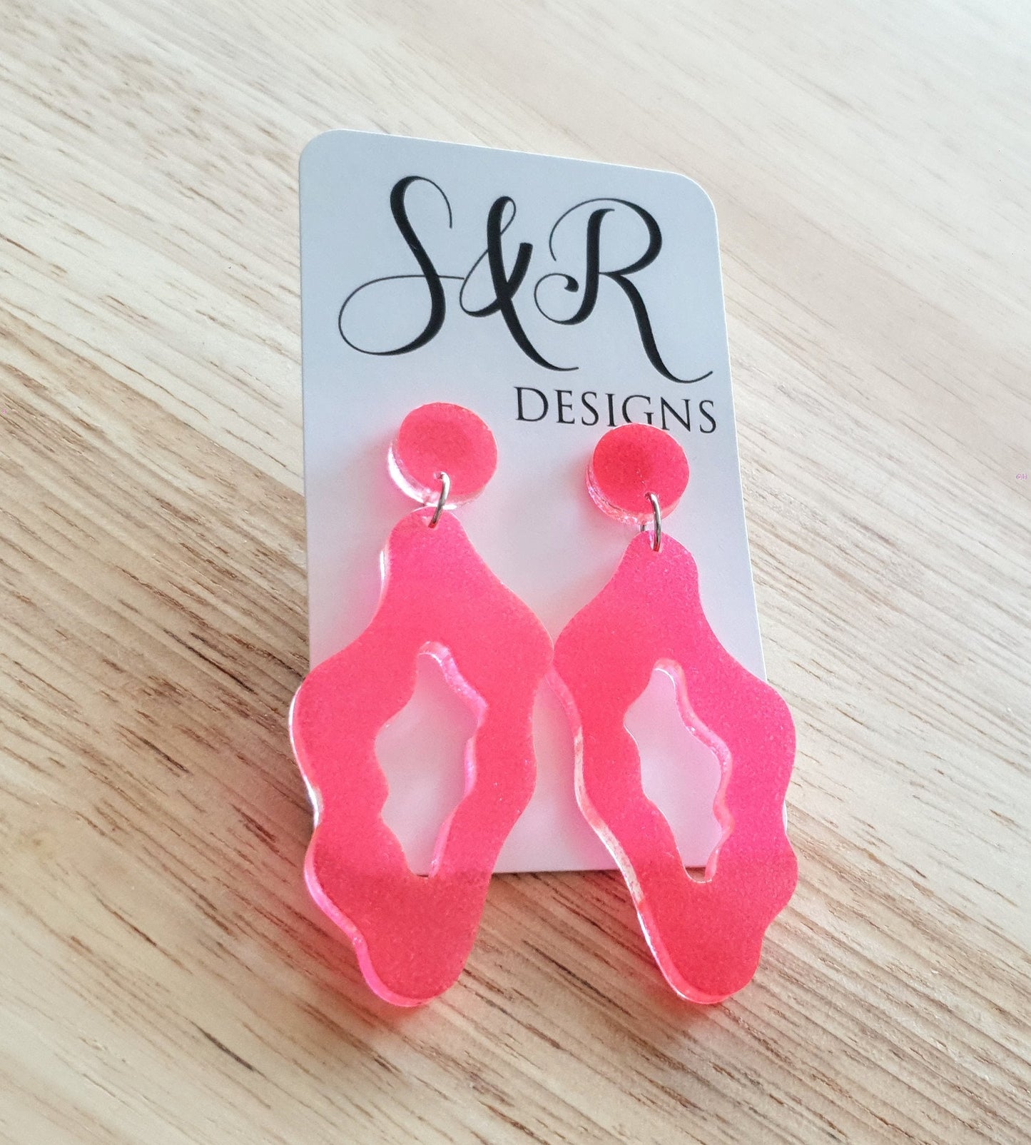 Pink Wavy Liquid Shape Dangle Drop Earrings, Pink Fine Glitter, Wave Statement Handmade Resin Earrings