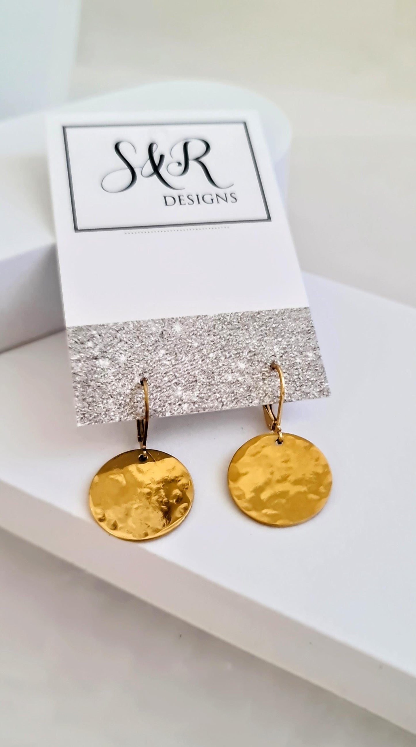 Gold Hammered Circle Disc Large Leverback Earrings, 20mm Coin Disc, Stainless Steel Dangle Leverback, Hoops or Hooks, Can be Personalised
