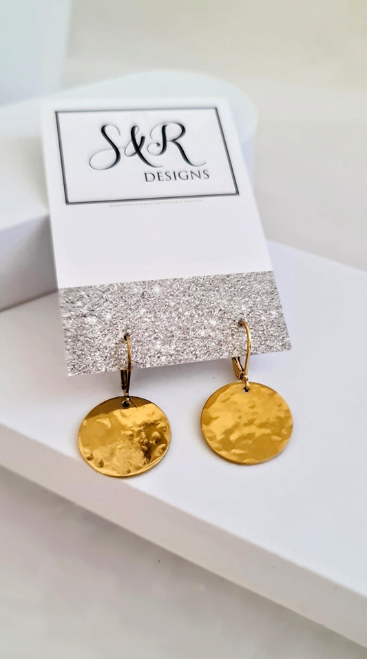 Gold Hammered Circle Disc Large Leverback Earrings, 20mm Coin Disc, Stainless Steel Dangle Leverback, Hoops or Hooks, Can be Personalised