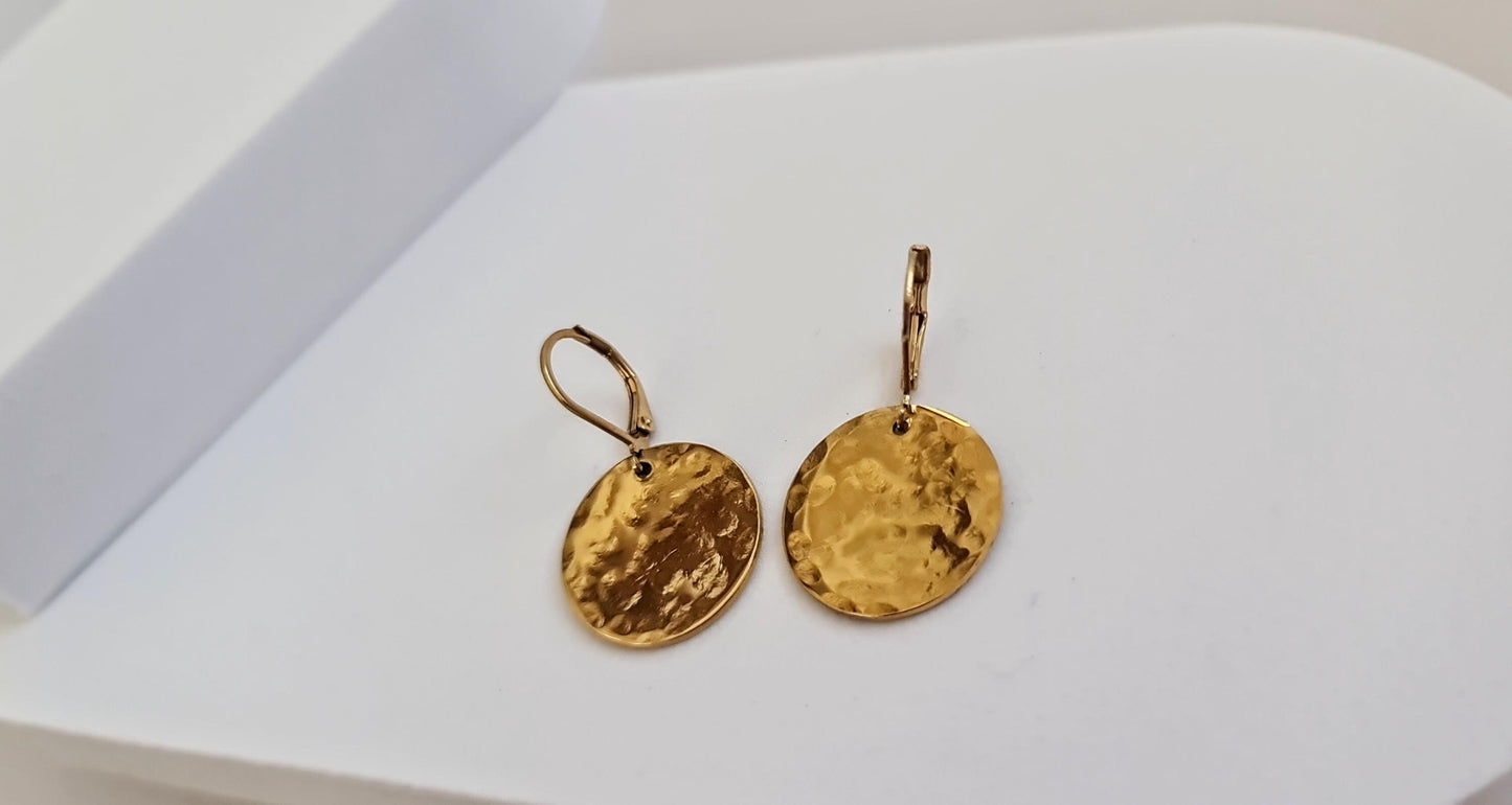 Gold Hammered Circle Disc Large Leverback Earrings, 20mm Coin Disc, Stainless Steel Dangle Leverback, Hoops or Hooks, Can be Personalised
