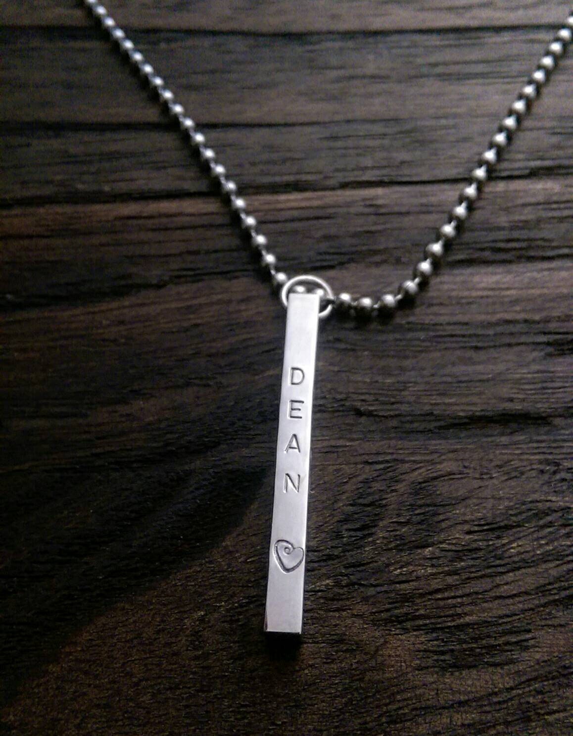Personalised Bar Necklace, Name Hand Stamped Necklace Bar, Stainless Steel, 4 Sided Bar Pendant Necklace. Gift for Him or Her