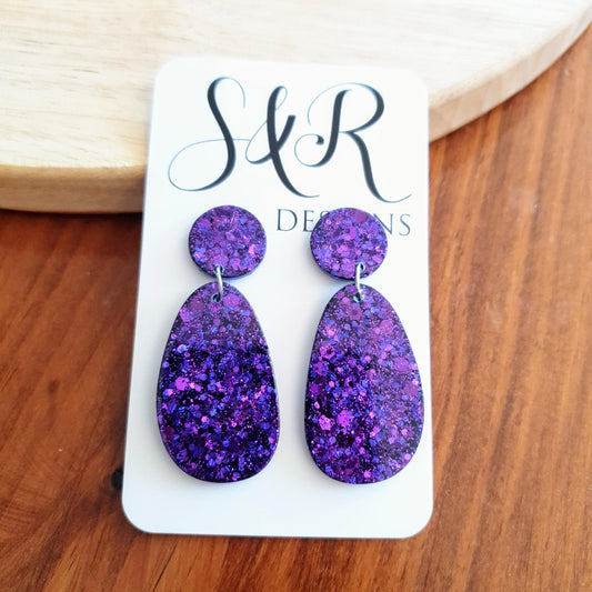 Statement oval organic shape drop earrings, purple mix glitter resin handmade earrings, stainless steel. personalised gift custom colours