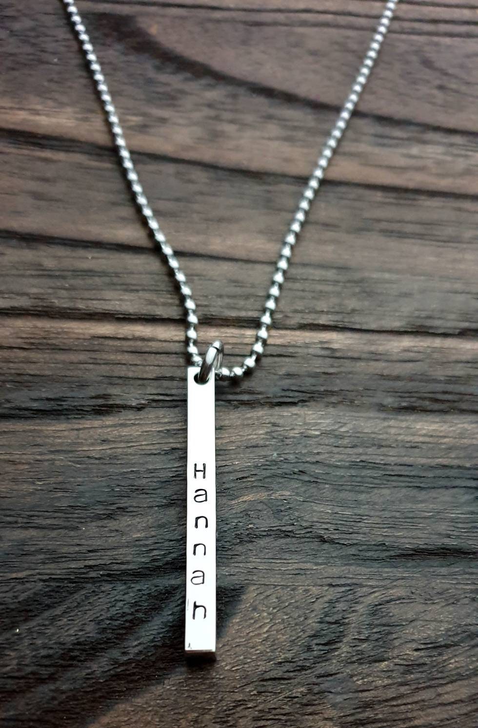 Personalised Bar Necklace, Name Hand Stamped Necklace Bar, Stainless Steel, 4 Sided Bar Pendant Necklace. Gift for Him or Her