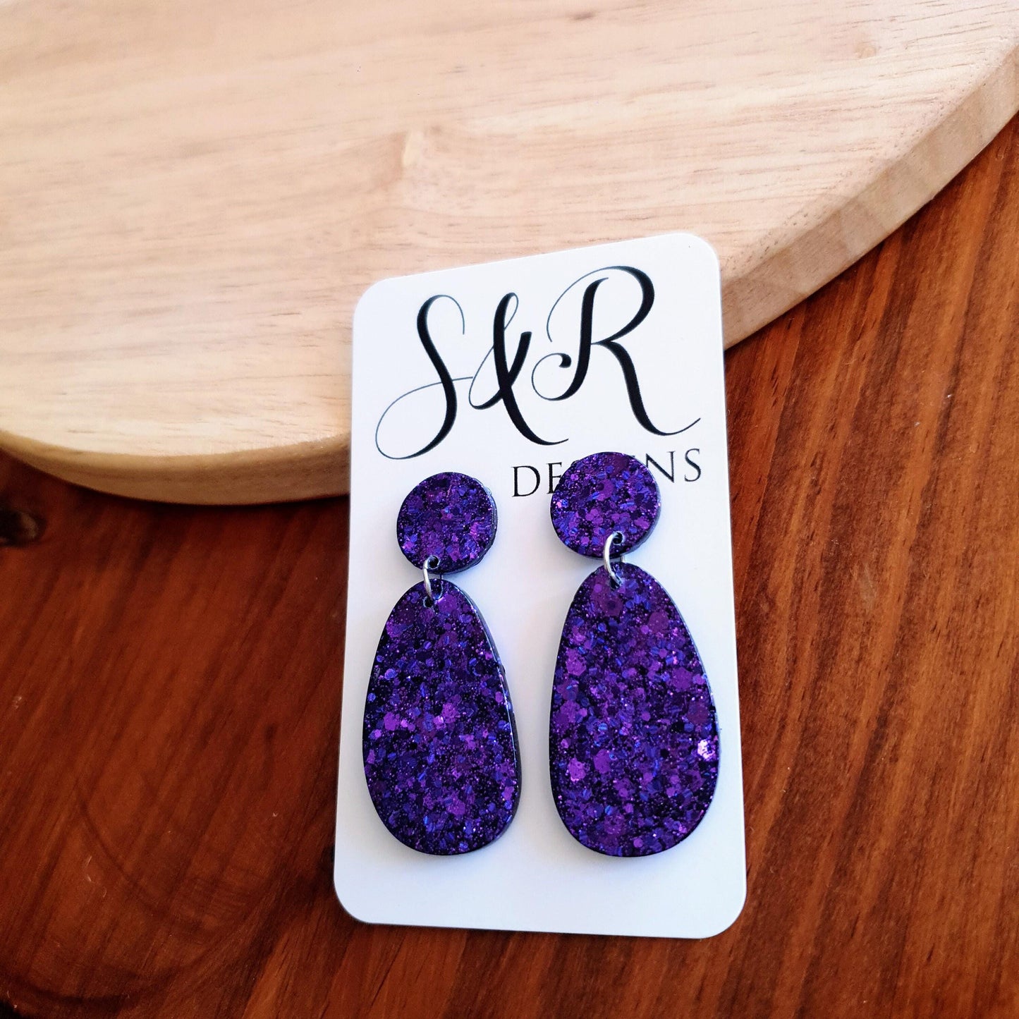 Statement oval organic shape drop earrings, purple mix glitter resin handmade earrings, stainless steel. personalised gift custom colours
