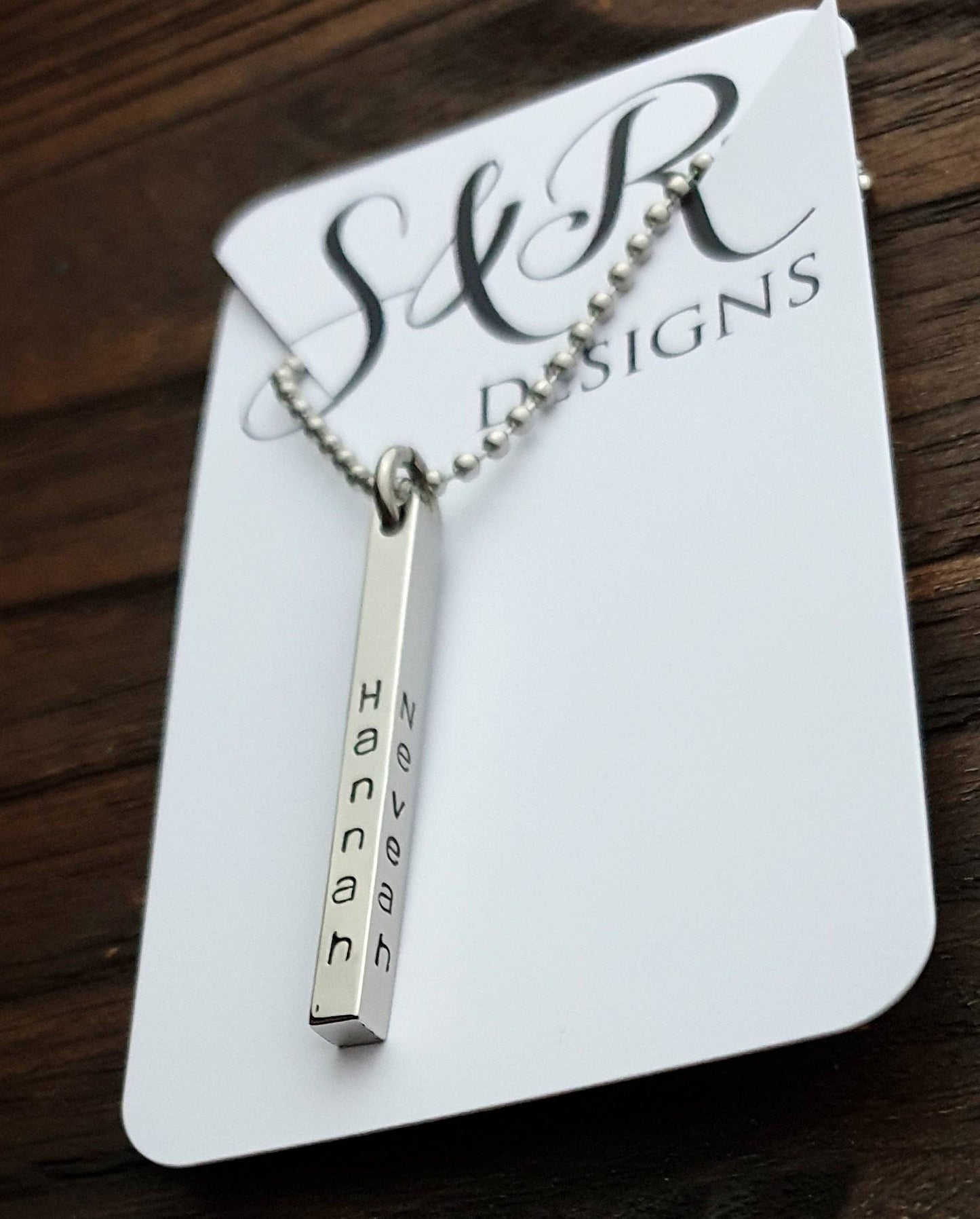 Personalised Bar Necklace, Name Hand Stamped Necklace Bar, Stainless Steel, 4 Sided Bar Pendant Necklace. Gift for Him or Her