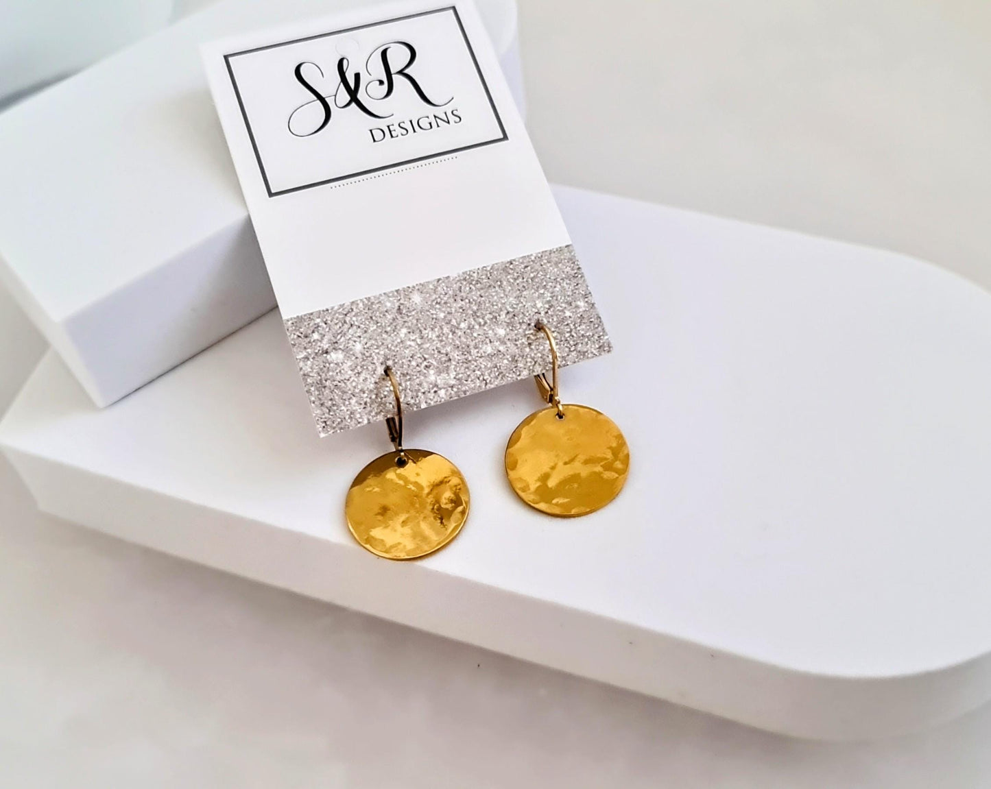Gold Hammered Circle Disc Large Leverback Earrings, 20mm Coin Disc, Stainless Steel Dangle Leverback, Hoops or Hooks, Can be Personalised