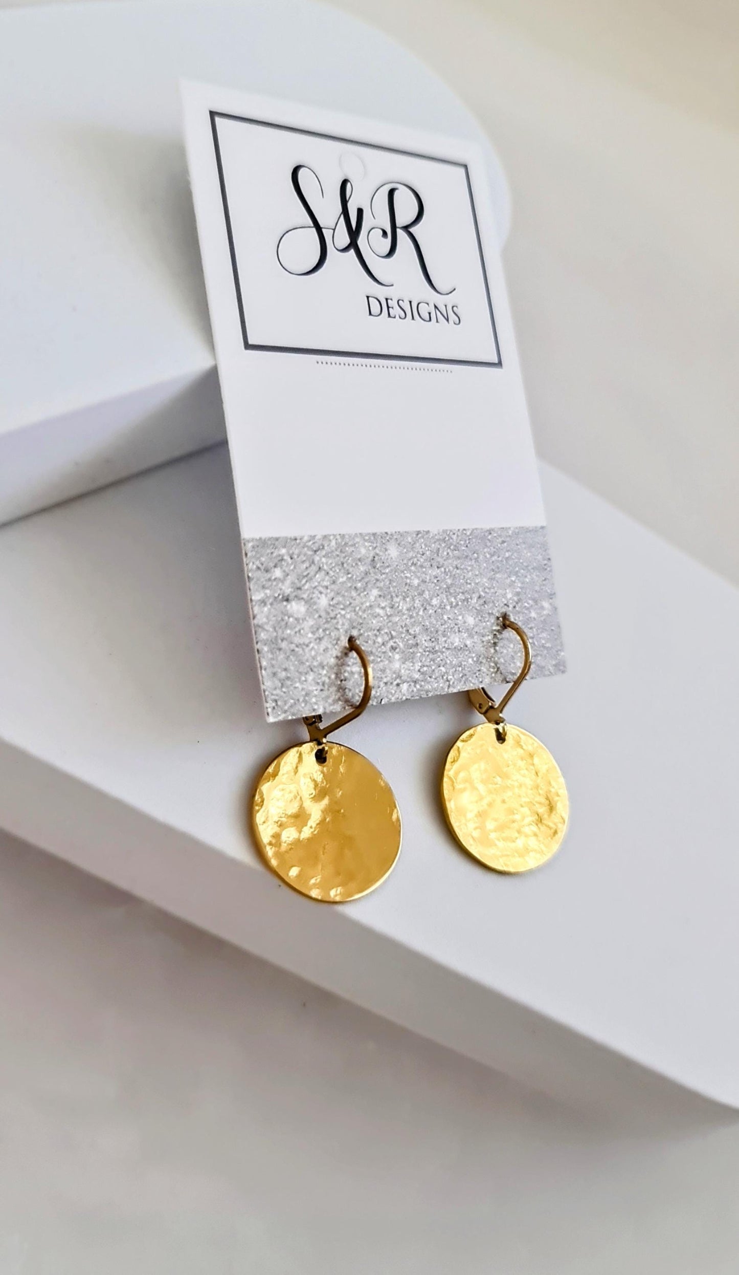 Gold Hammered Circle Disc Large Leverback Earrings, 20mm Coin Disc, Stainless Steel Dangle Leverback, Hoops or Hooks, Can be Personalised