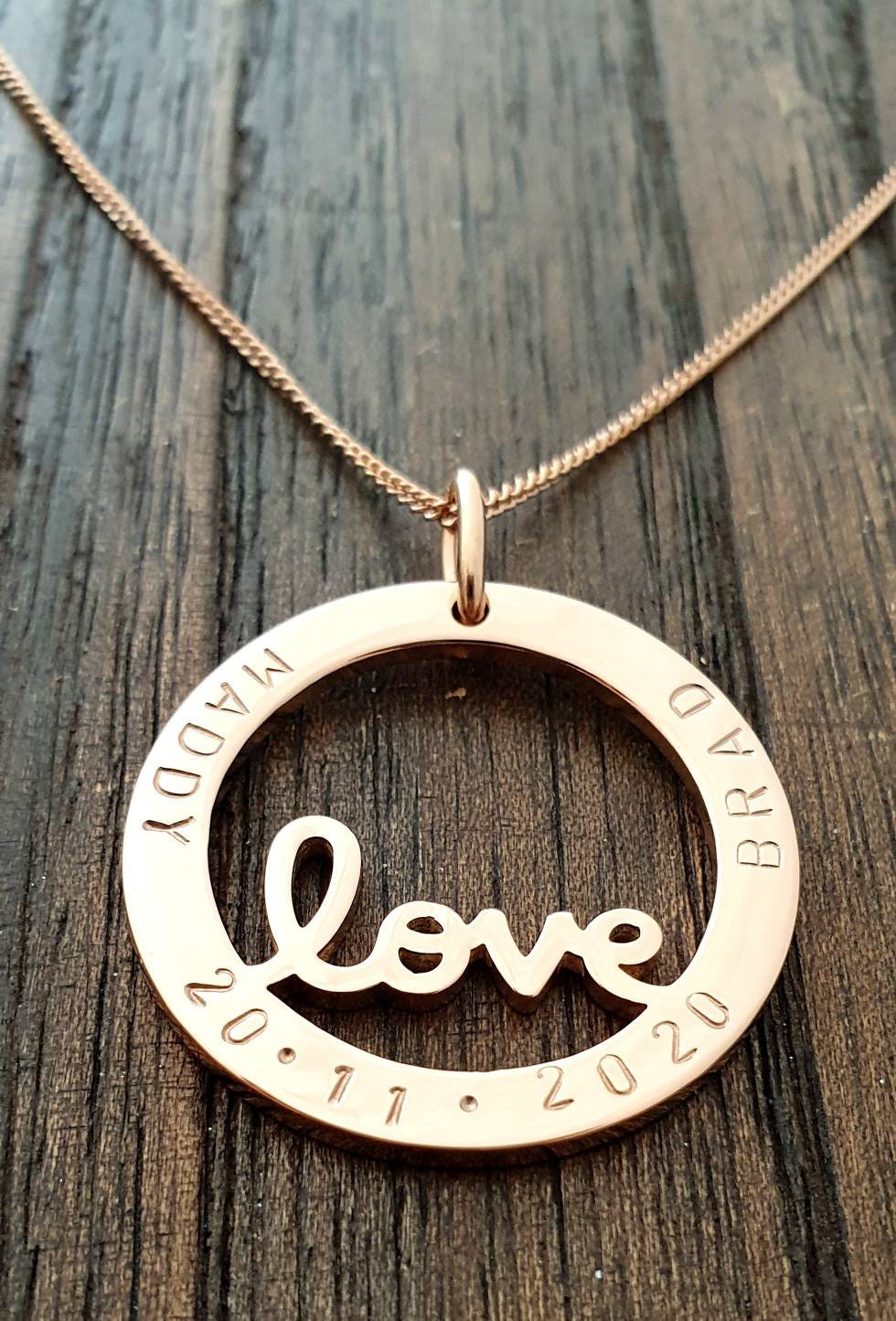 Love Personalised Necklace, Hand Stamped Necklace Design Pendant Stainless Steel. Gift for Valentines Day, Mothers Day, Sister, Grandmother