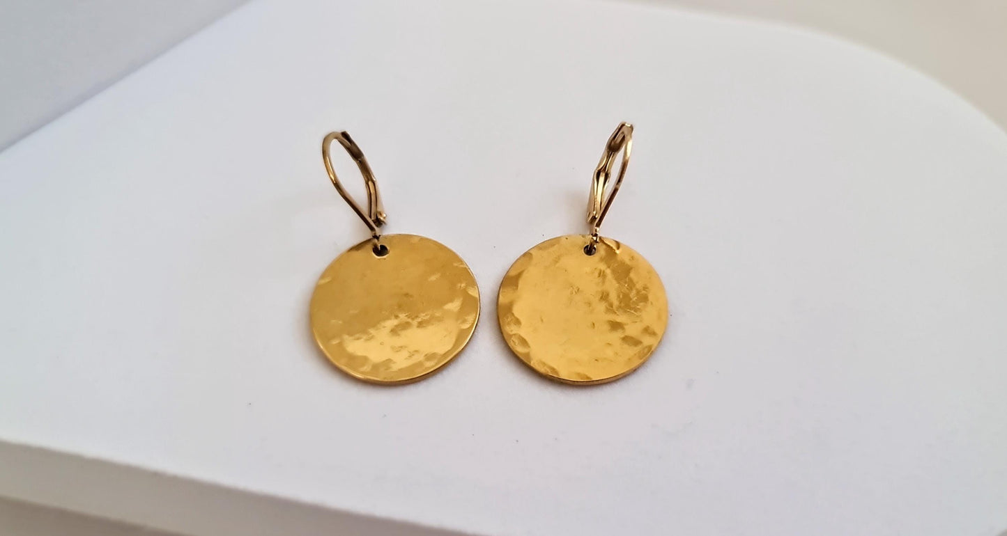 Gold Hammered Circle Disc Large Leverback Earrings, 20mm Coin Disc, Stainless Steel Dangle Leverback, Hoops or Hooks, Can be Personalised