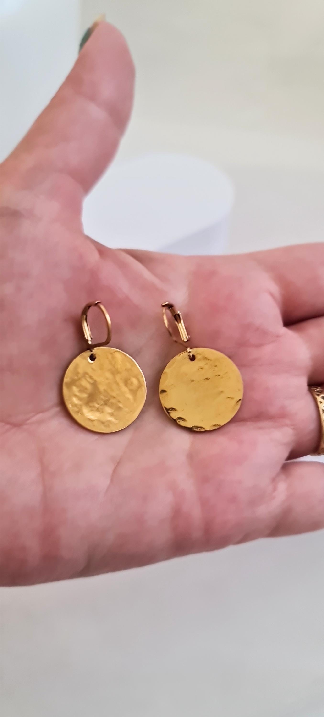 Gold Hammered Circle Disc Large Leverback Earrings, 20mm Coin Disc, Stainless Steel Dangle Leverback, Hoops or Hooks, Can be Personalised