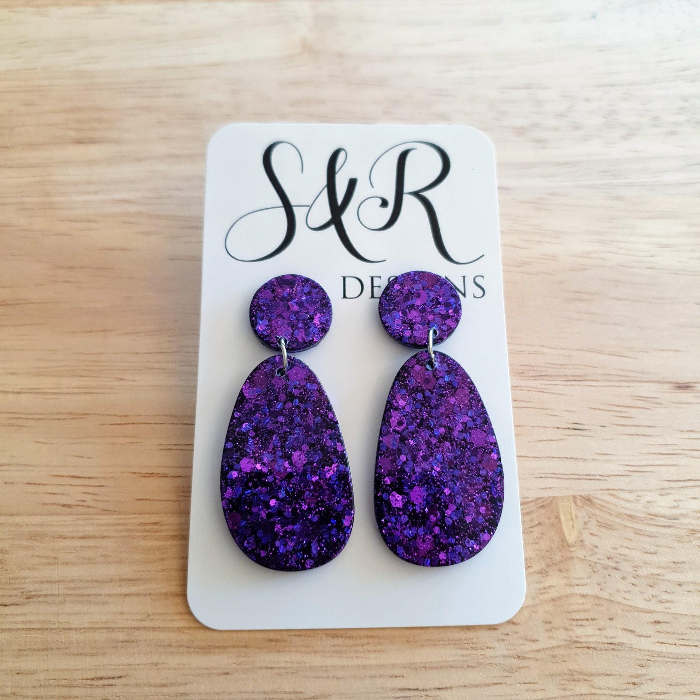 Statement oval organic shape drop earrings, purple mix glitter resin handmade earrings, stainless steel. personalised gift custom colours