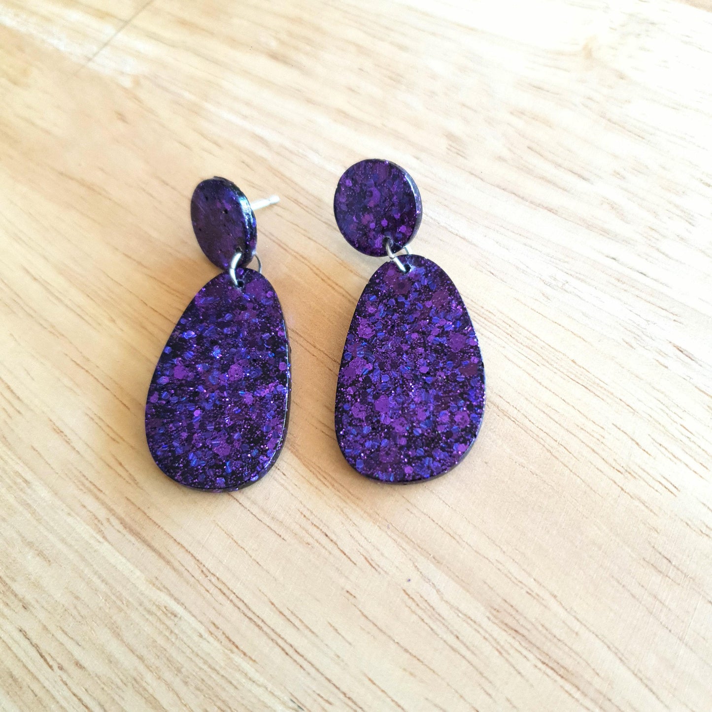 Statement oval organic shape drop earrings, purple mix glitter resin handmade earrings, stainless steel. personalised gift custom colours