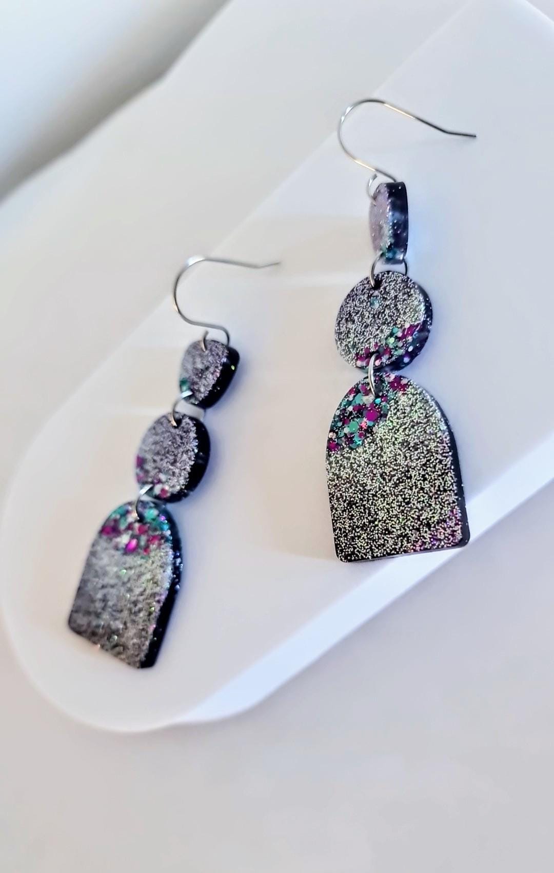 Purple Silver Teal Arch Dangle Earrings, Statement Earrings, Purple Glitter Dangle Stud Earrings, Stainless Steel Hypoallergenic. Gift